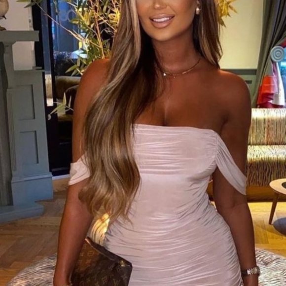 Beige Slinky Draped Sleeve Ruched Mini Dress - Picture 3 of 4